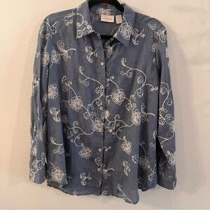 Chico’s Blouse Embroidered Lightweight Blue Size 1 (Medium 8) Long sleeve